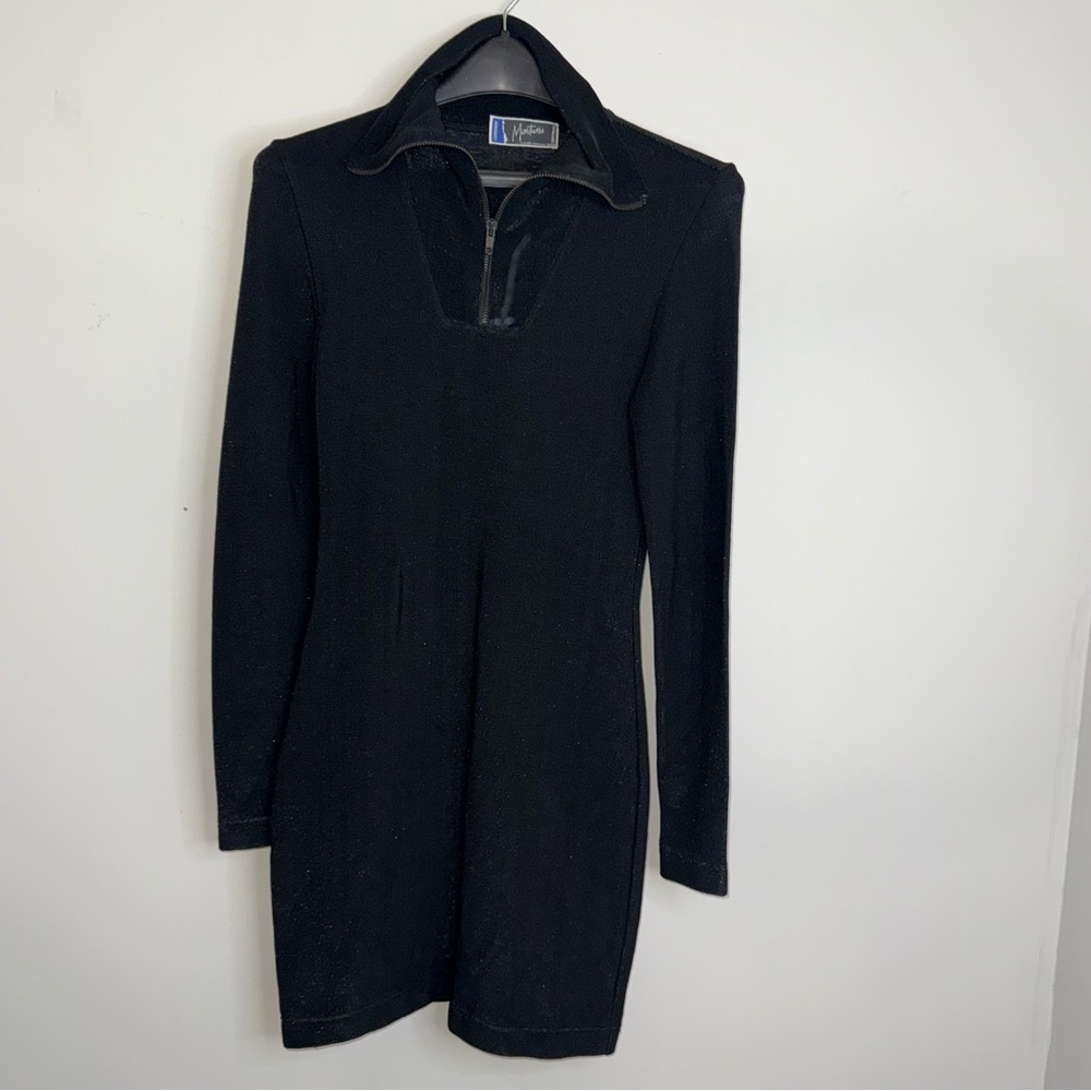 Vintage Claude Montana Zip Mini Dress Black 80s Long Sleeve Size 38